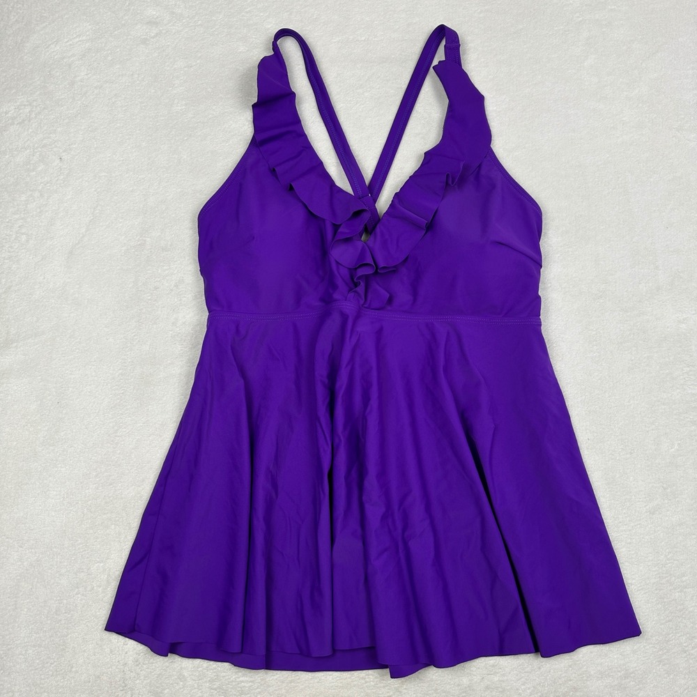 Purple Ruffle V-Neck Swim Dress Plus Size 2XL Adjustable‎ Straps Padded Cups